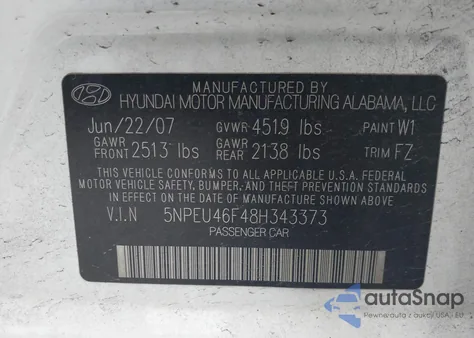 2008 Hyundai Sonata Limited V6/Se V6 z USA, uszkodzony, nr VIN 5NPEU46F48H343373